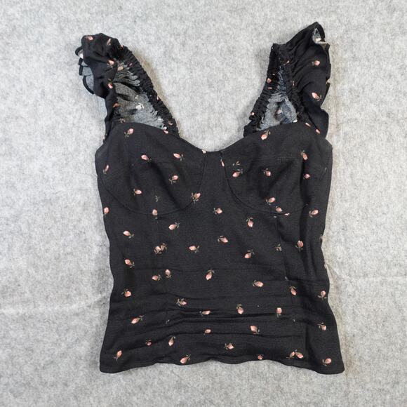 Reformation Top Womens 2 Elena Coco Black Rose Floral Ruffle Sweetheart Crepe - Picture 3 of 10